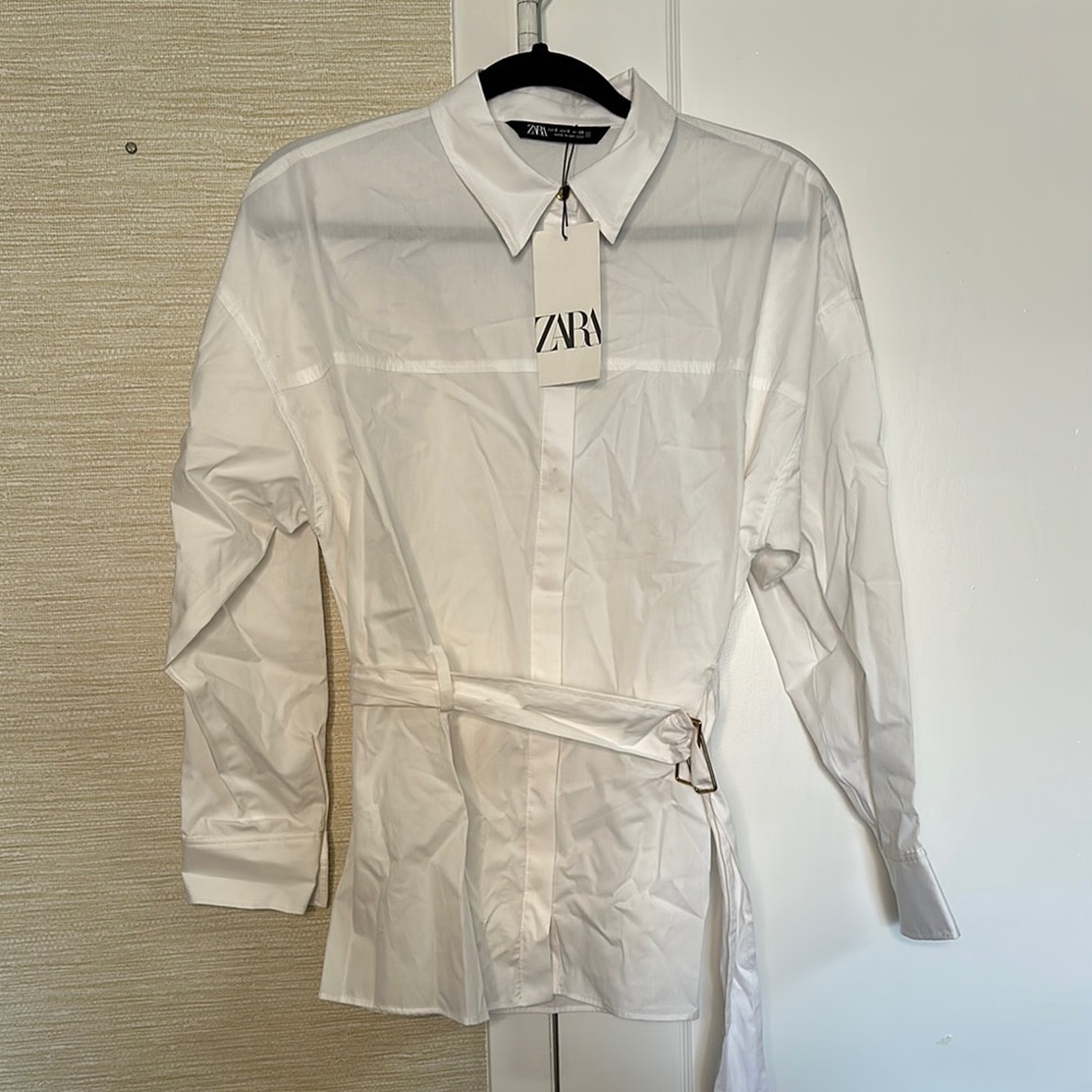 Zara White button-up with tie waist Shirt